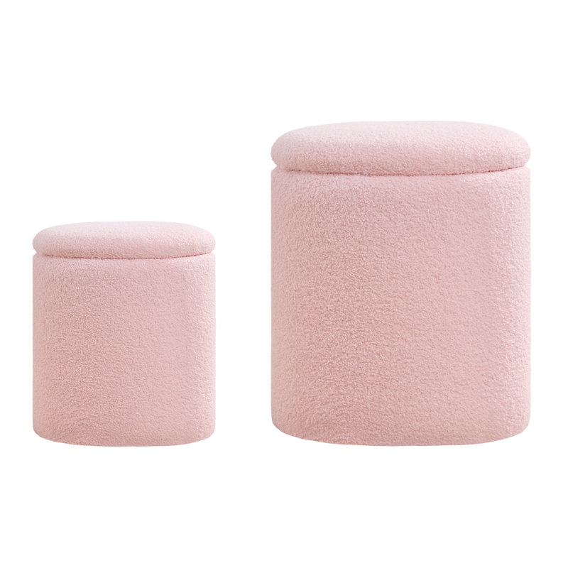 Round Ottoman with Storage Set of 2 Latitude Run Body Fabric Pink Teddy